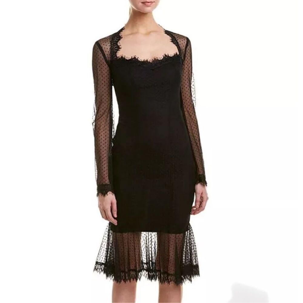 LIKELY | LBD Little Black Dress Ruffle Wide Long Sleeve Lace Overlay | Size 6